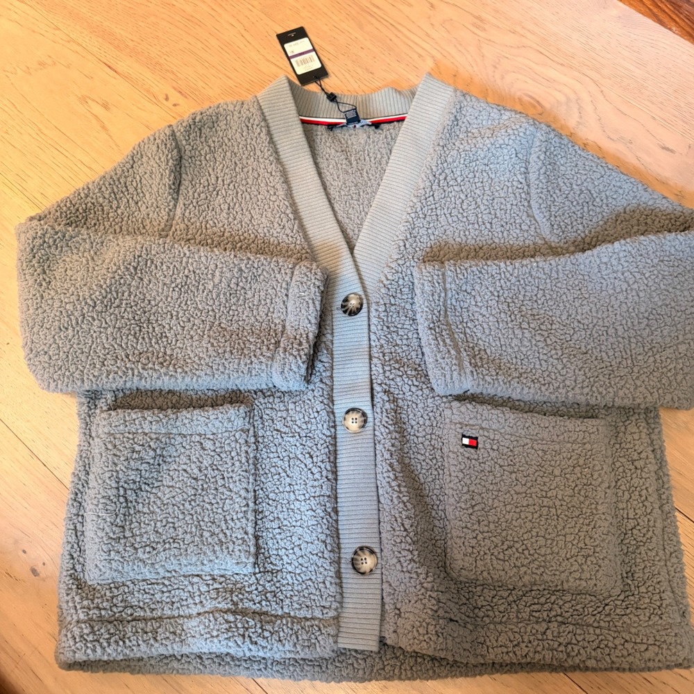 Tommy Hilfiger Grey Sherpa Fleece Button Front Cardigan XXL J1XE0367